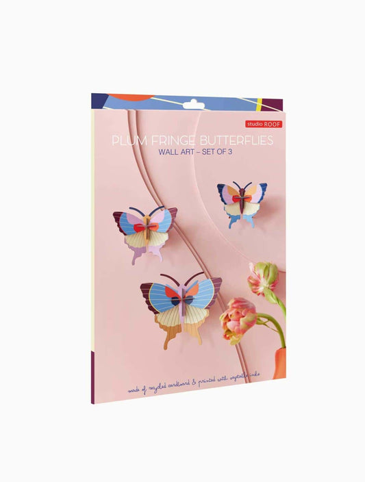 Nástěnná dekorace Plum Fringe Butterflies / set tří motýlů