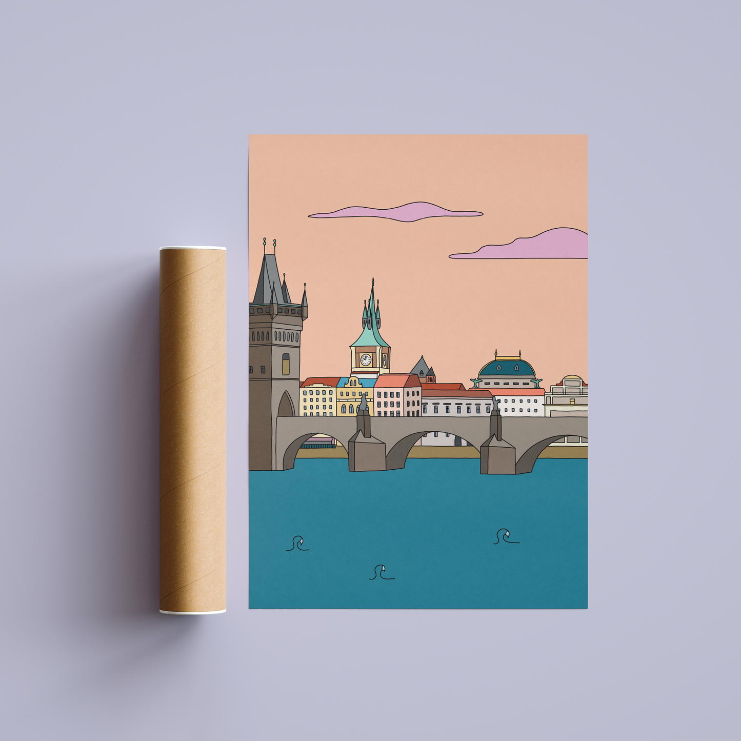 Originální barevný plakát Prague Collection s ilustrací pražského Karlova mostu.