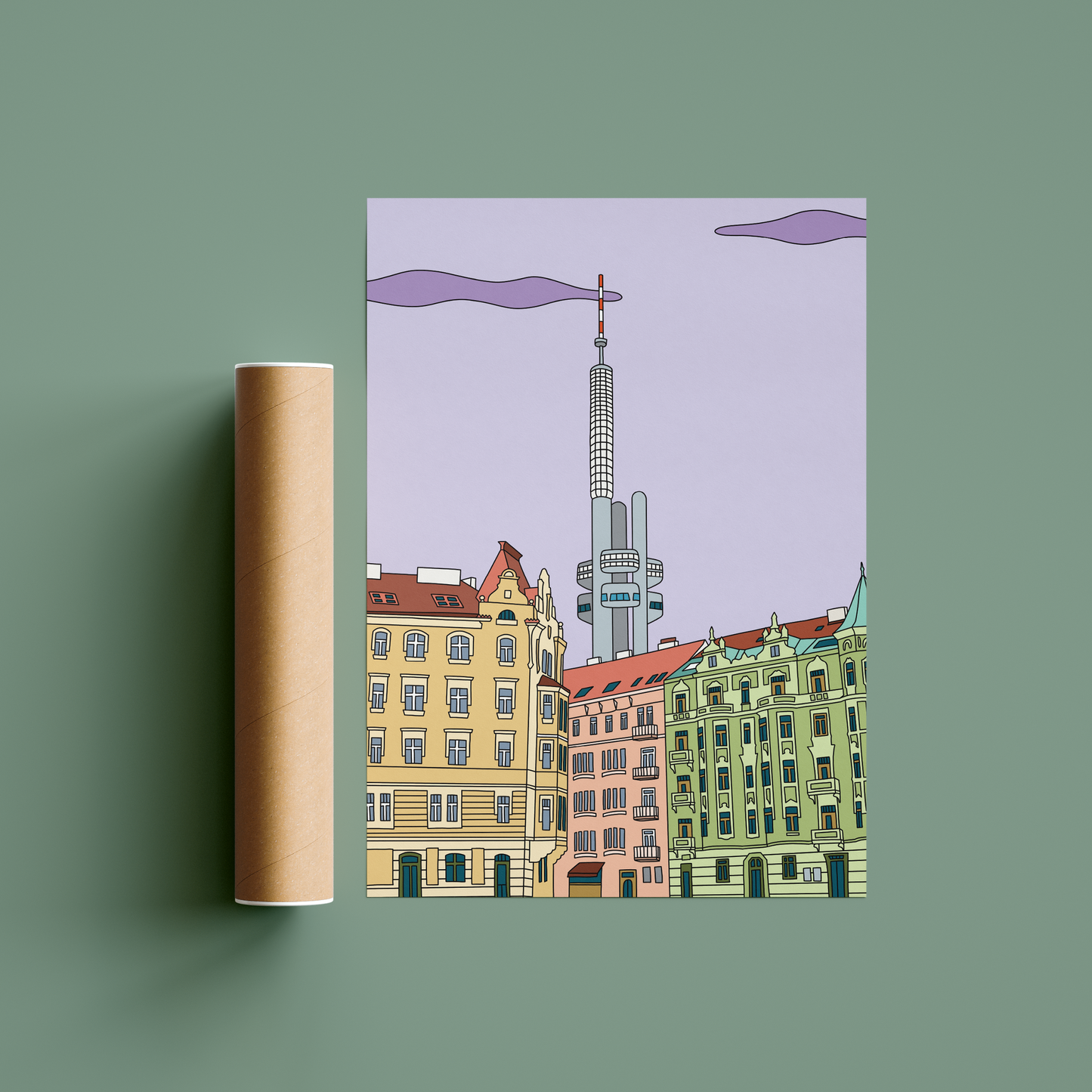 Originální barevný plakát Prague Collection s ilustrací Žižkovské věže.