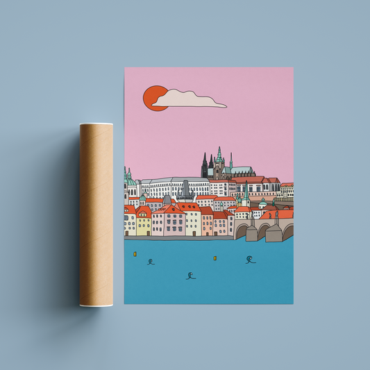Originální barevný plakát Prague Collection s ilustrací Pražského hradu.